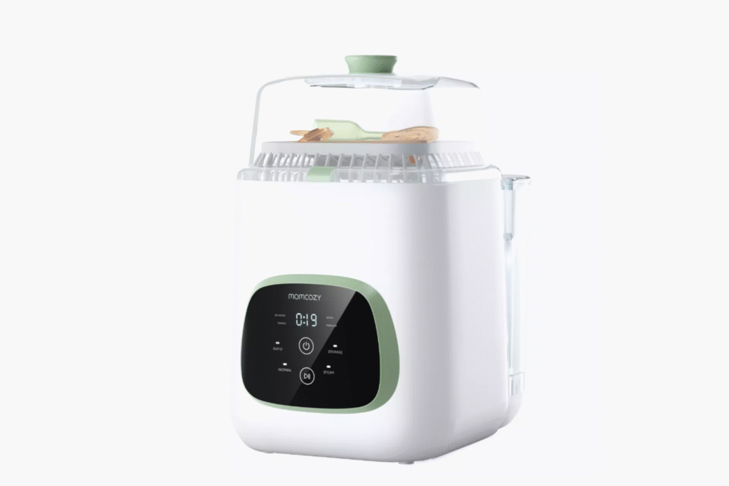 Momcozy baby bottle sterilizer and dryer with steam function, digital display, and storage for baby feeding essentials