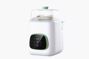 Momcozy baby bottle sterilizer and dryer with steam function, digital display, and storage for baby feeding essentials
